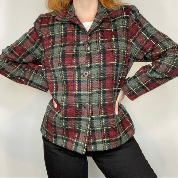 Vintage 90s Sag Harbor Olive & Burgundy Plaid Shacket Shirt Jacket Blazer Coat - Picture 7 of 11